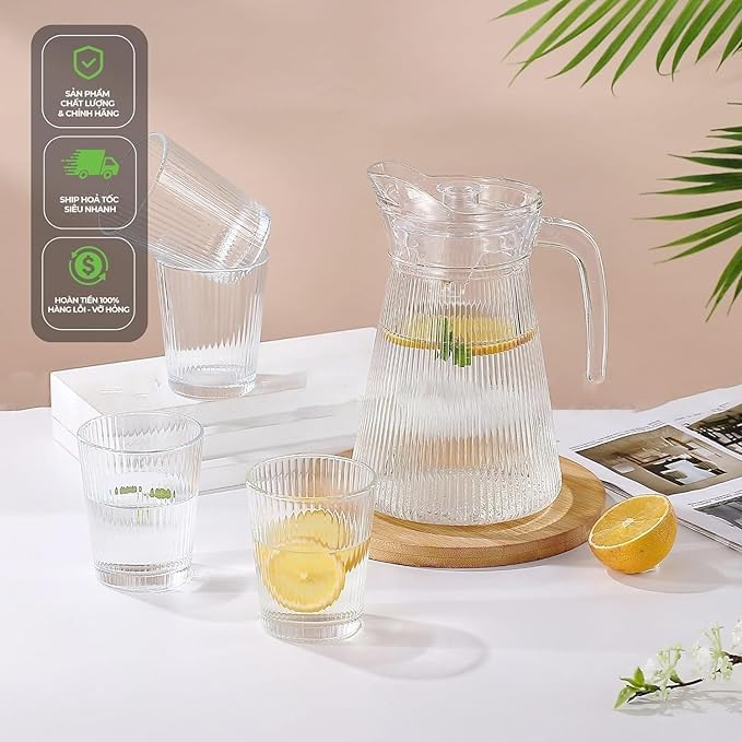 Glass Water Juice Jug Pitcher Carafe with Handle and Plastic Lid for Drinking Beverages, Serving Kitchen and Dining/Tableware-Milk, Juice, Water Lining Jug- 1800ml, 1Pcs