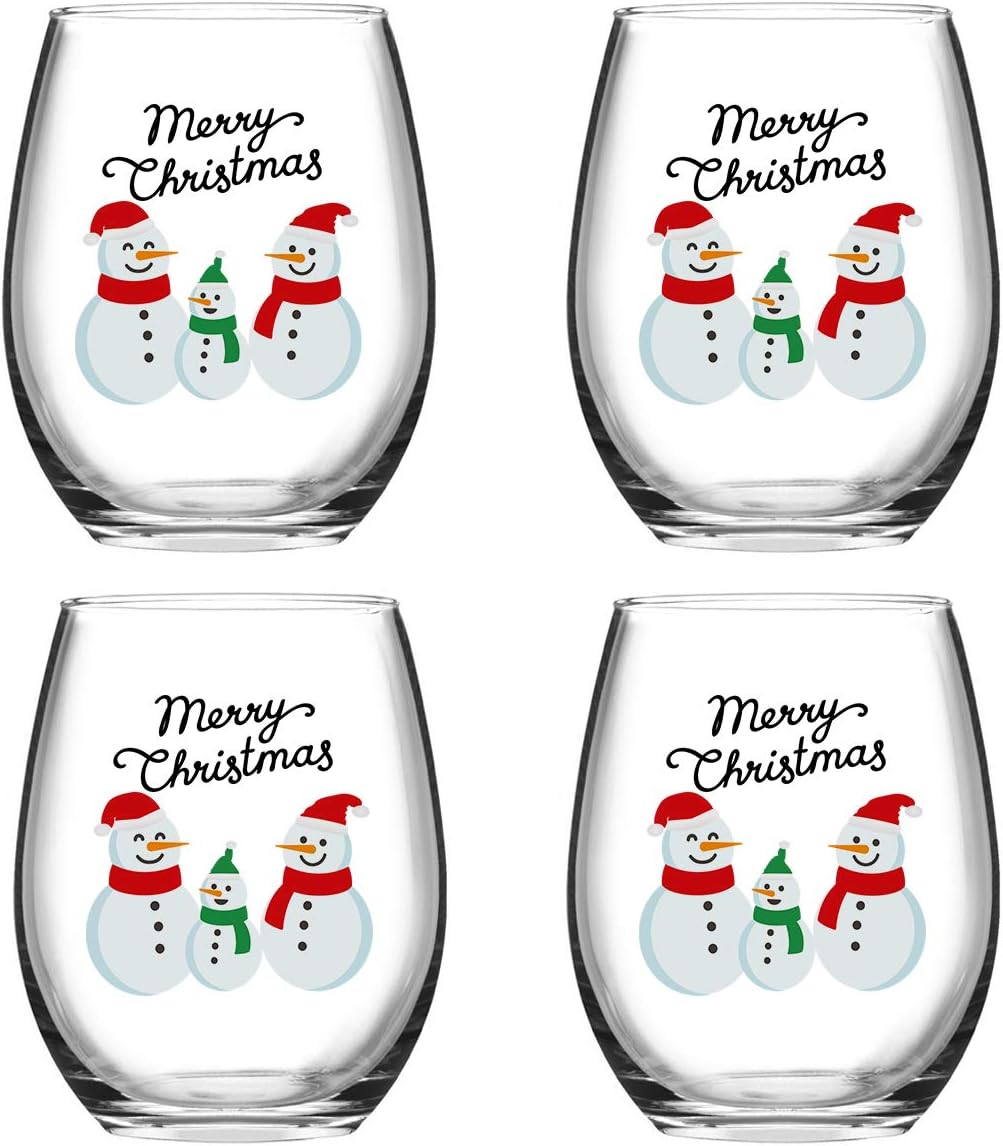 Merry Christmas Snowman Stemless Drinking Glass Set of 4 | 15oz Festive Glasses for Water, Juice & Cold Drinks