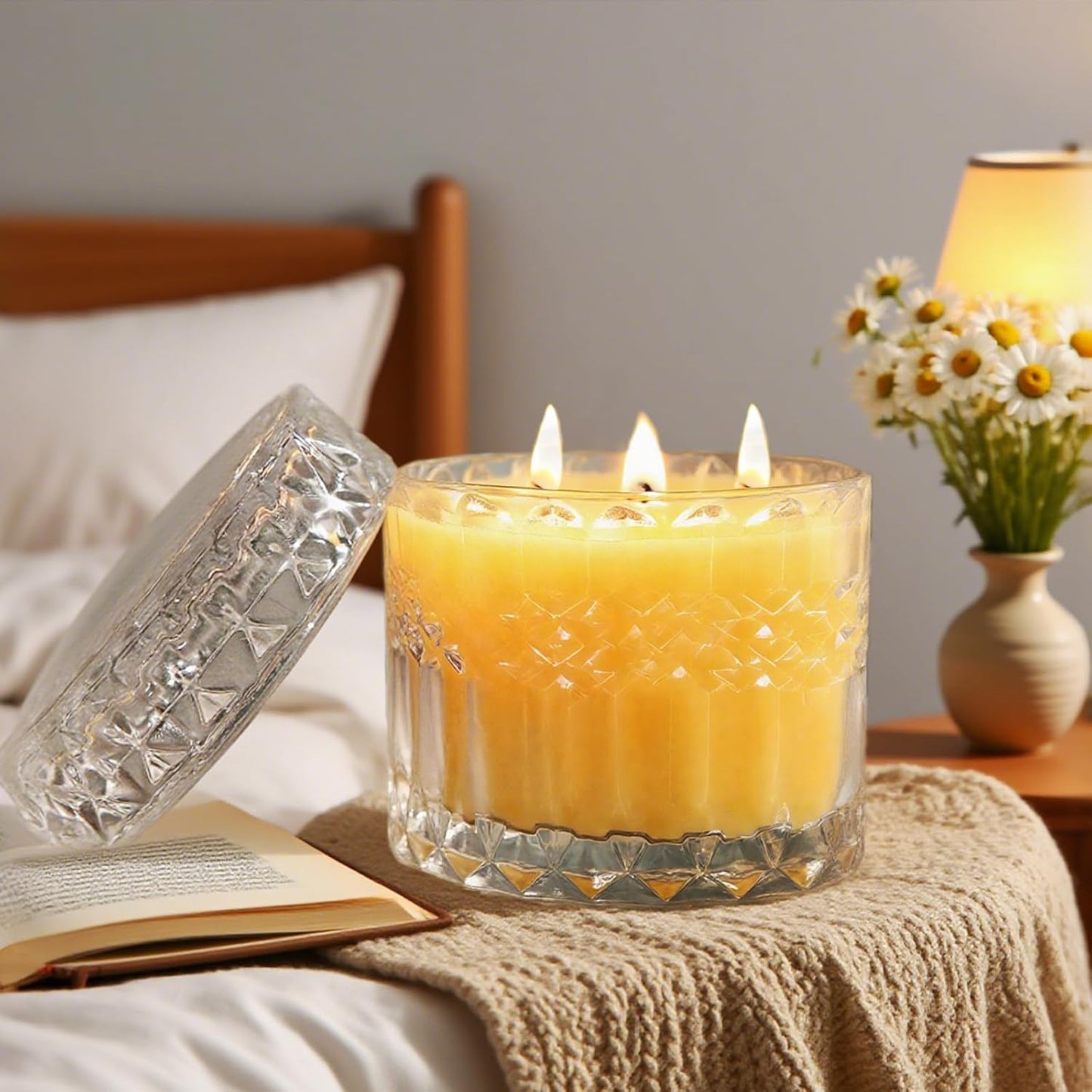 Jar Candles for Home Scented, 3 Wick Honey Scented Candle, 7.05oz Natural Beeswax Candles in Glass, 100% Organic Wax Jar Candle for Gift, Home Decor, Living Room, Bedroom, Over 25H Burn Time