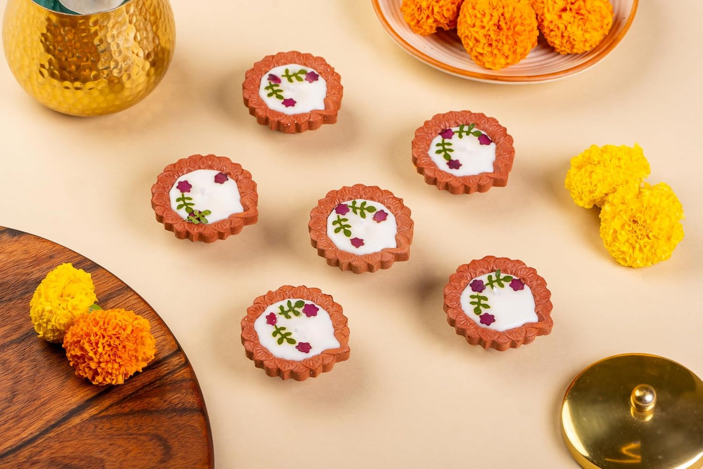 Pushp Deep | Handcrafted Floral Clay Diya Candles – Set of 1 | 100% Soy Wax | 2-3 Hrs Burn Time | Premium Gift Box | Smokeless & Unscented | for Home Décor, Diwali & Gifting