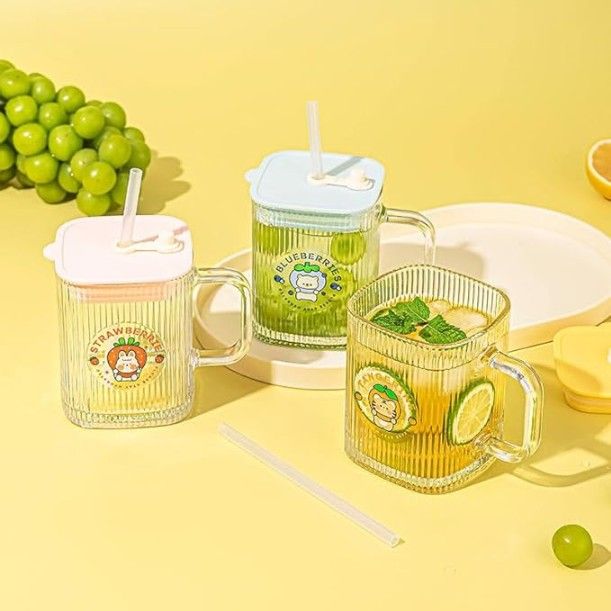 Sipper Mug Lining Handle Square – Unique Design Transparent Can Shape Glass Tumbler with Straw, Lid, for Ice Juice, Milk, Coffee, Green Tea, Latte, Cocoa, and Chocolate