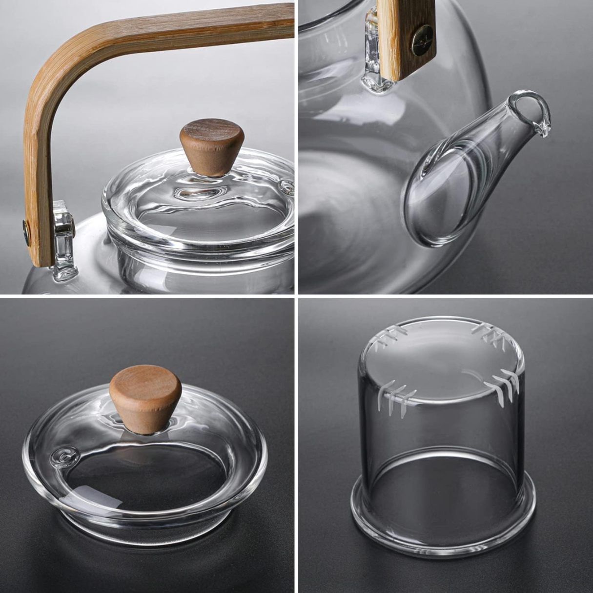 Glass Teapot Kettle with Glass Infuser, Lid & Wooden Heatproof Handle | Stovetop Safe | Perfect for Brewing Blooming