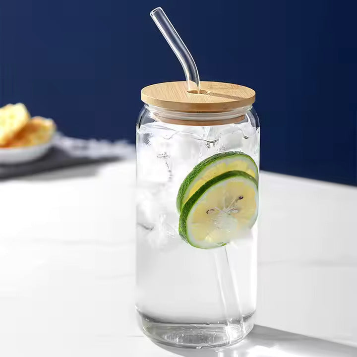 Can Shaped Glass With Wooden Lid & Glass Straw 540ml