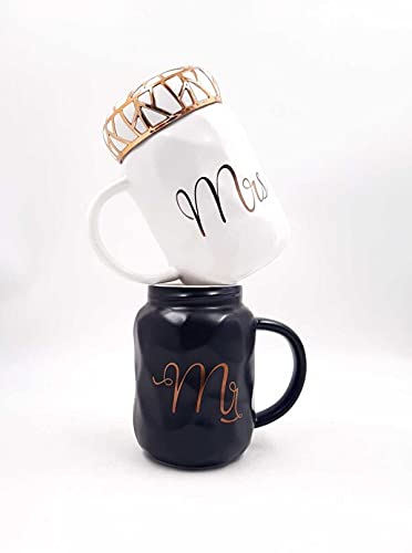 Mr and Mrs Coffee Mugs Set, Wedding Gifts for Bride and Groom, Ceramic Cups for Bridal Shower Engagement Wedding and Married Couples Anniversary, Black and White