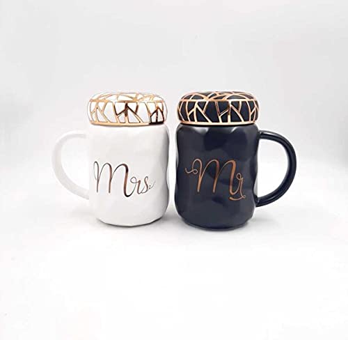 Mr and Mrs Coffee Mugs Set, Wedding Gifts for Bride and Groom, Ceramic Cups for Bridal Shower Engagement Wedding and Married Couples Anniversary, Black and White