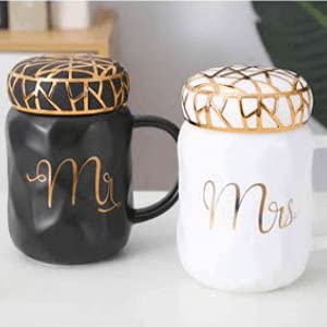 Mr and Mrs Coffee Mugs Set, Wedding Gifts for Bride and Groom, Ceramic Cups for Bridal Shower Engagement Wedding and Married Couples Anniversary, Black and White