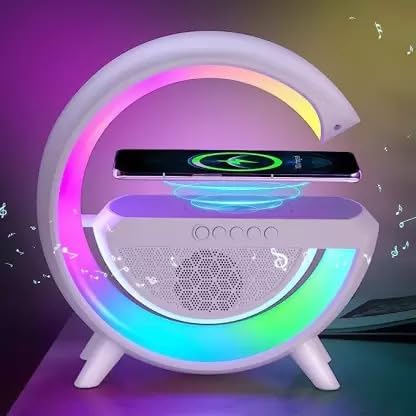 G Lamp Wireless Mobile Charger Atmosphere Light Lamp, 4-in-1 Charger with BT, Speaker, Alarm Clock, and App Control Lights for Bedroom, Ambient Light (Original, White, 2023)