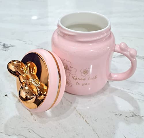 Ceramic Coffee Milk Mug with Designer Golden Tie Lid 450 ML Creative Design Ceramic Porcelain Jar Cup - 1 Piece, Pink