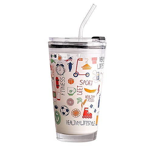 Mug with Straw and lid Coffee Cup Sipper Glass with Straw Mug with Straw Coffee Cup with lid Tumbler with Straw Glass Sipper with Straw(Assorted Print)(400 ML, 1) (Coffee Cup) (Coffee Cup-2 pc)