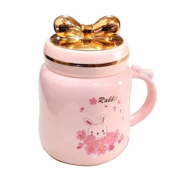 Ceramic Coffee Milk Mug with Designer Golden Tie Lid 450 ML Creative Design Ceramic Porcelain Jar Cup - 1 Piece, Pink