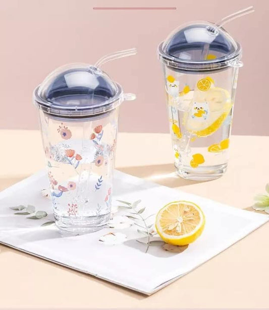 Double Wall Tumbler with Straw Clear Insulated Tumbler Cat Sippy Cups Spill Proof Beverage Drinking Cups for Travel Outdoor Use (470 ML)