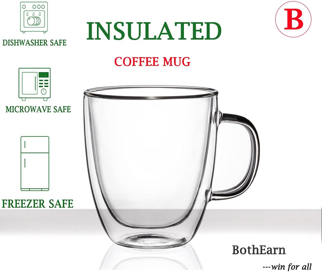 Double Wall Glass Coffee Mug -(560 ml) Insulated Clear Latte Cup with Handle, Great for Espresso Cappuccino and Juice