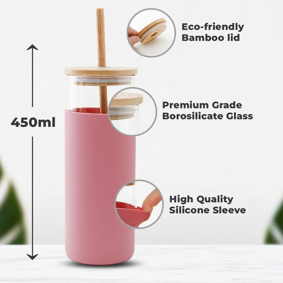 Glass Tumbler with Lid Coffee Tumbler with Bamboo Straw & Lid  Leak & Sweat Proof