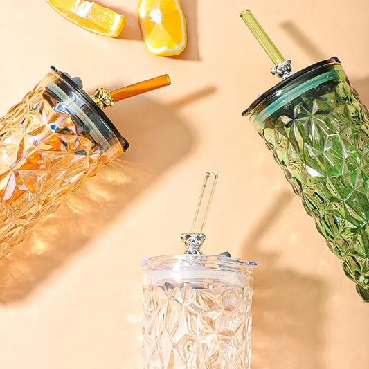 Creative Bear Diamond Straw Cup with Lid for Office Home High-Value Water Glass Cup