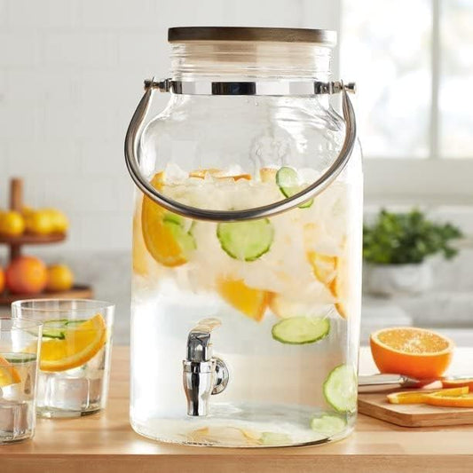 Glass Dispenser with tap-Glass Cold Water Mason Jar | Beer Dispenser | Drink Dispenser | Mason Jar | Glass Pitcher with tap | Spigot and Steel lid | Water Pitcher for Detox Water