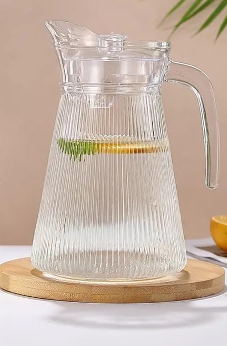 Glass Water Juice Jug Pitcher Carafe with Handle and Plastic Lid for Drinking Beverages, Serving Kitchen and Dining/Tableware-Milk, Juice, Water Lining Jug- 1800ml, 1Pcs