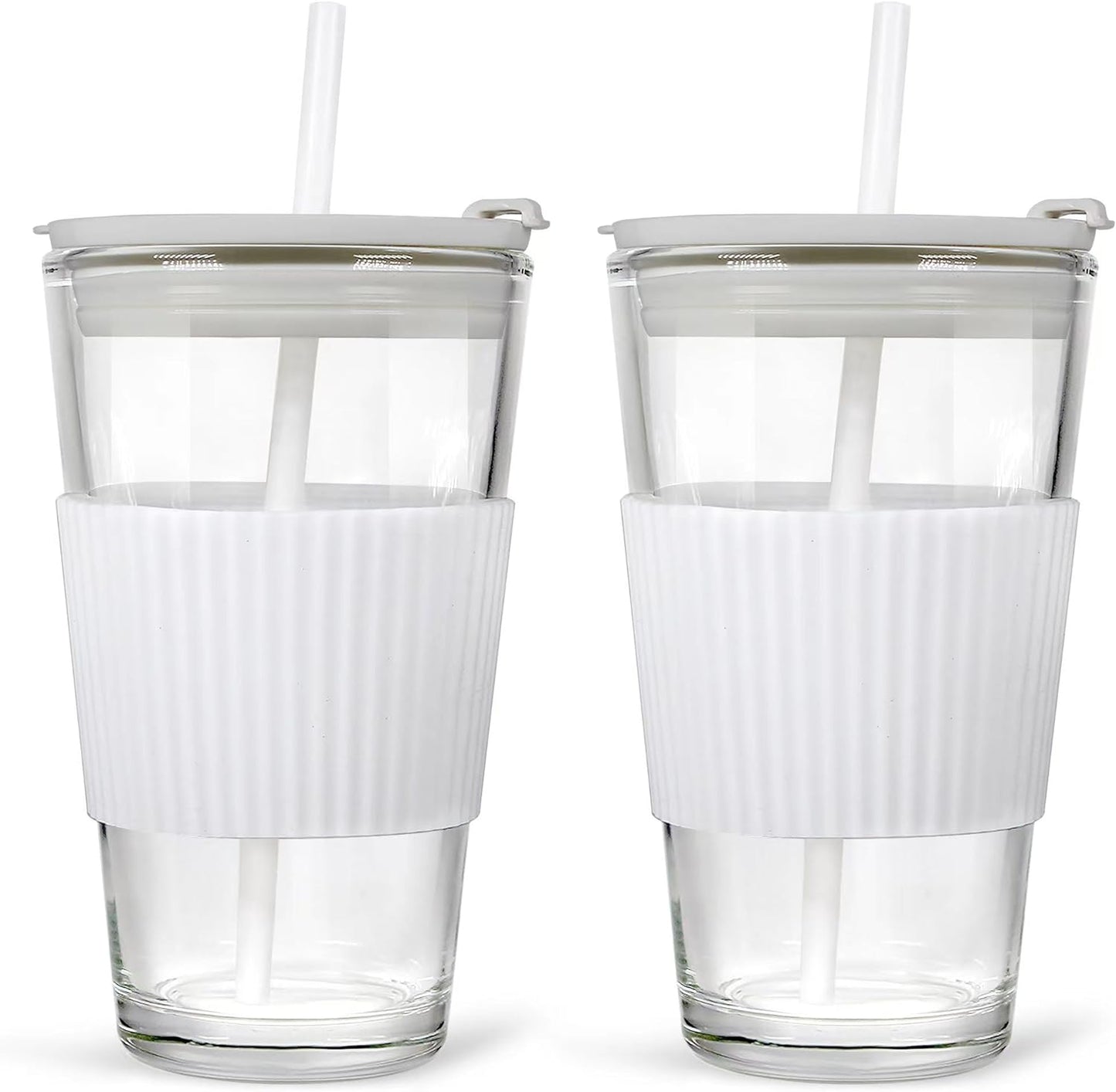 Glass Tumbler Cups with Lids and Straws, 2 Pack of 750ml, White, Drinking Glasses with Lids & Straw, Beer Glasses, Iced Coffee Glass, Wide Mouth Smoothie Cups, Glass Water Bottles.