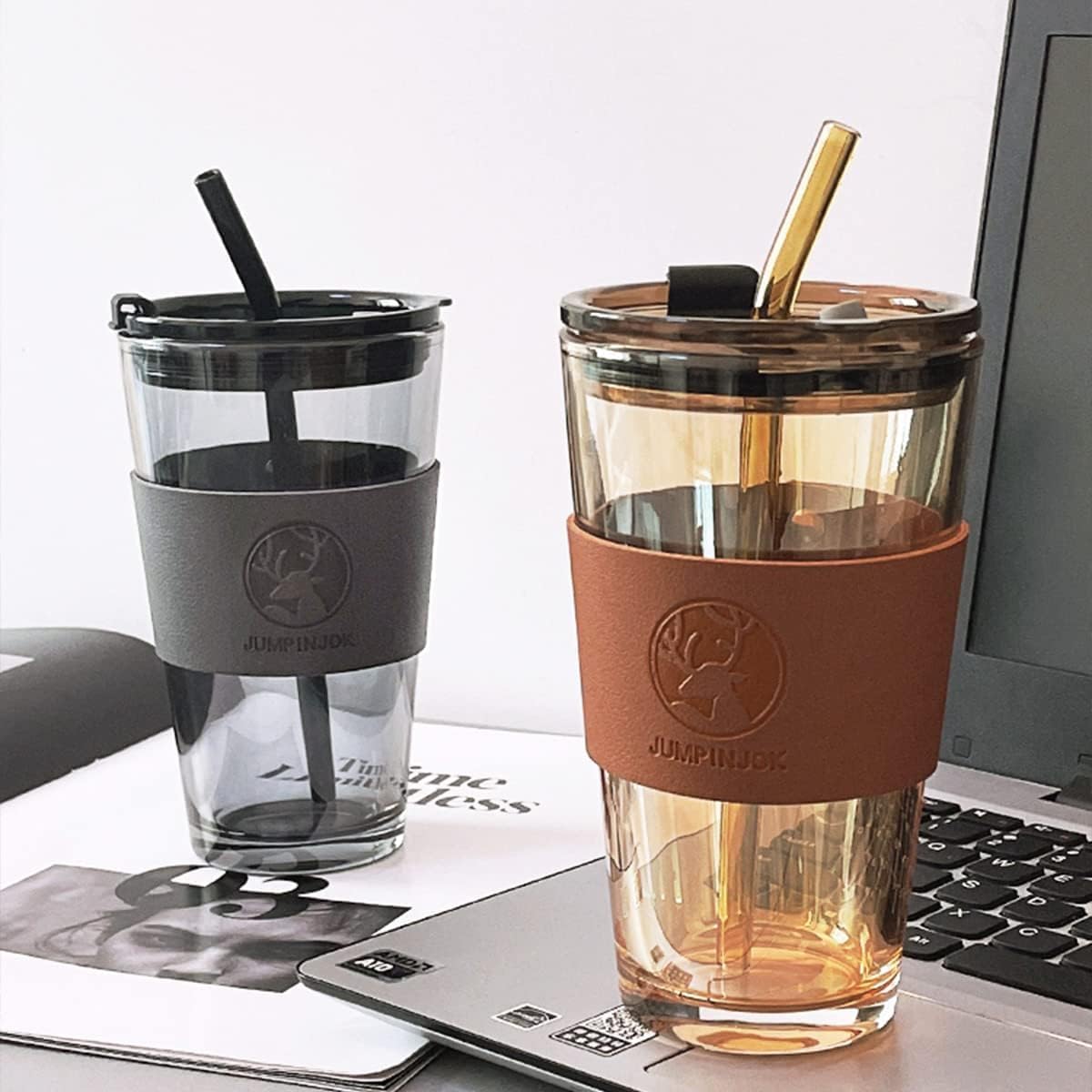 Glass Tumbler Cups with Lids and Straws, 2 Pack of 750ml, White, Drinking Glasses with Lids & Straw, Beer Glasses, Iced Coffee Glass, Wide Mouth Smoothie Cups, Glass Water Bottles.