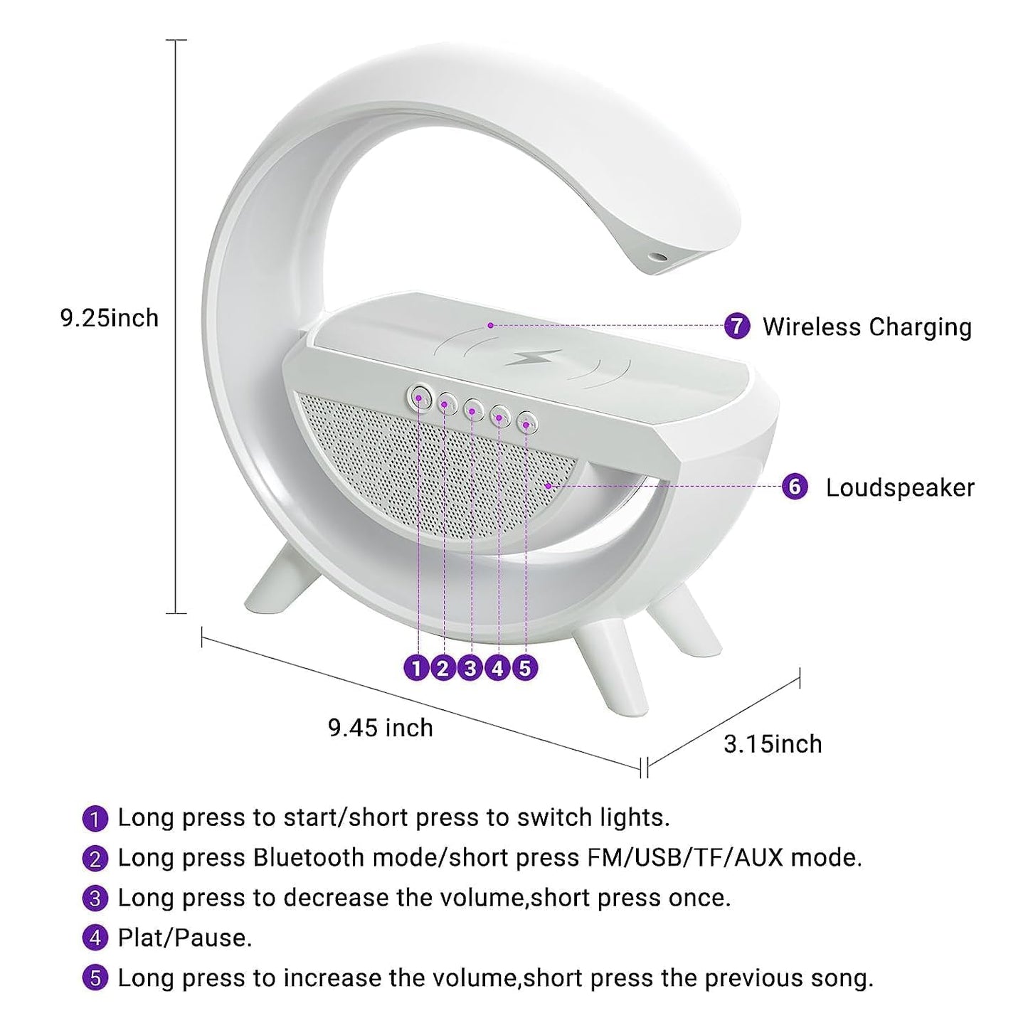 G Lamp Wireless Mobile Charger Atmosphere Light Lamp, 4-in-1 Charger with BT, Speaker, Alarm Clock, and App Control Lights for Bedroom, Ambient Light (Original, White, 2023)