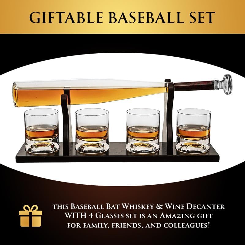 Baseball Gifts for Men, Baseball Bat Whiskey & Wine Decanter 4 Glasses, Spirits Set - Baseball Coach Gifts, Baseballs Lovers Coaches, Dad, Boyfriend, Brother, Friend Gift - Birthday Liquor Tequila