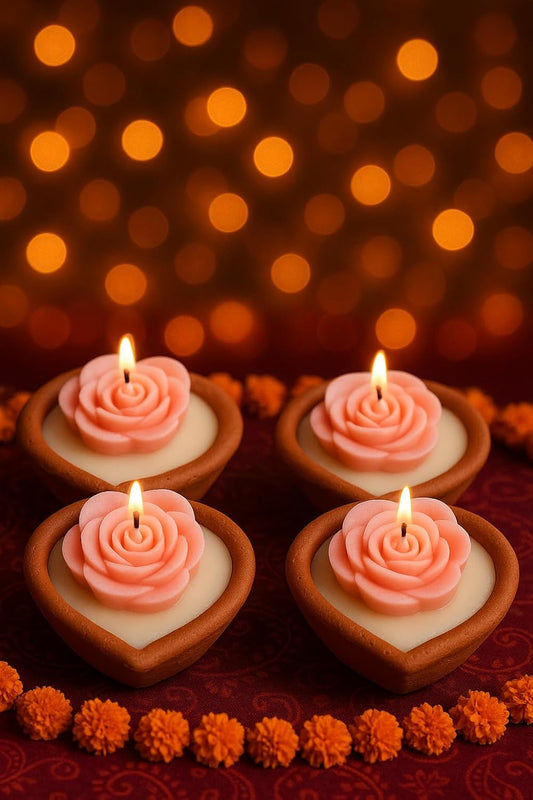 Flower Design Wax Diya Candles Set of 4 | Vanilla Fragrance | Handmade Terracotta Mitti Deepak | Reusable Decorative Diyas | Diwali Puja Home Decor | Smokeless No Residue | 2 Hour Burn Time