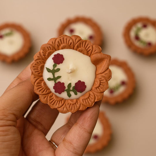 Pushp Deep | Handcrafted Floral Clay Diya Candles – Set of 1 | 100% Soy Wax | 2-3 Hrs Burn Time | Premium Gift Box | Smokeless & Unscented | for Home Décor, Diwali & Gifting