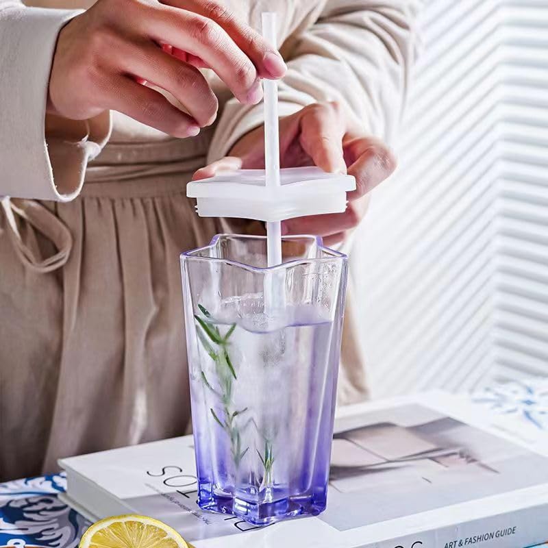 Star Shaped Slub Glass with Lid and Straw Gradient Drinking Glasses for Beer, Iced Coffee, and More