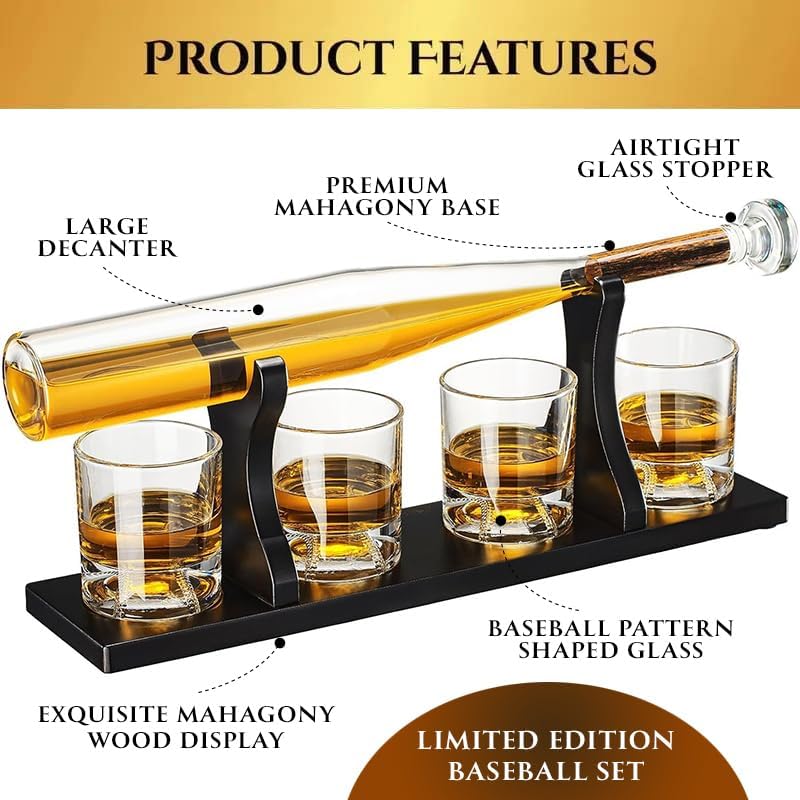 Baseball Gifts for Men, Baseball Bat Whiskey & Wine Decanter 4 Glasses, Spirits Set - Baseball Coach Gifts, Baseballs Lovers Coaches, Dad, Boyfriend, Brother, Friend Gift - Birthday Liquor Tequila