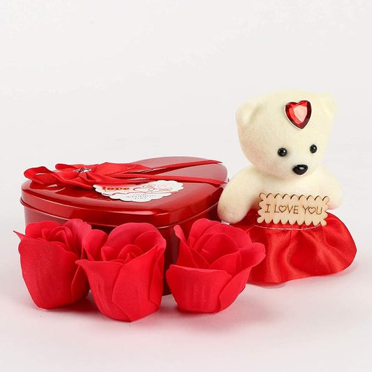 Valentines Day Gift, Women Day, Giveaway Creative Gift Bear Rose Flower Heart-Shaped Tin Box Packaging with Flowers