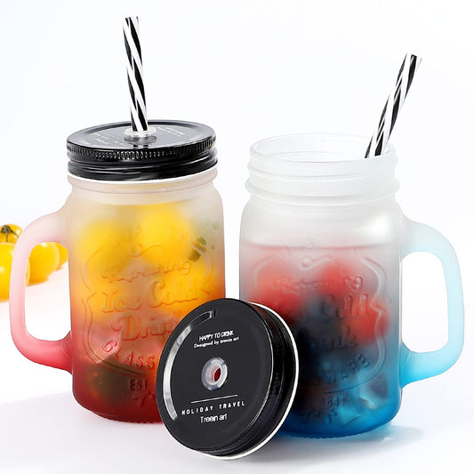 Smoothie Cup with Lid and Straw, Iced Coffee Cup Reusable, Matte Color Mason Jar Cups, Mason Jars with Handle Set of 2 (Matte Red & Blue)