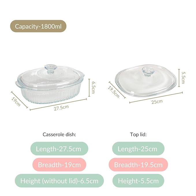 Glass Containers with Lid | Microwave Safe Heat-Resistant Glass Casserole for Baking, Serving, Food Storage (1600 ml)