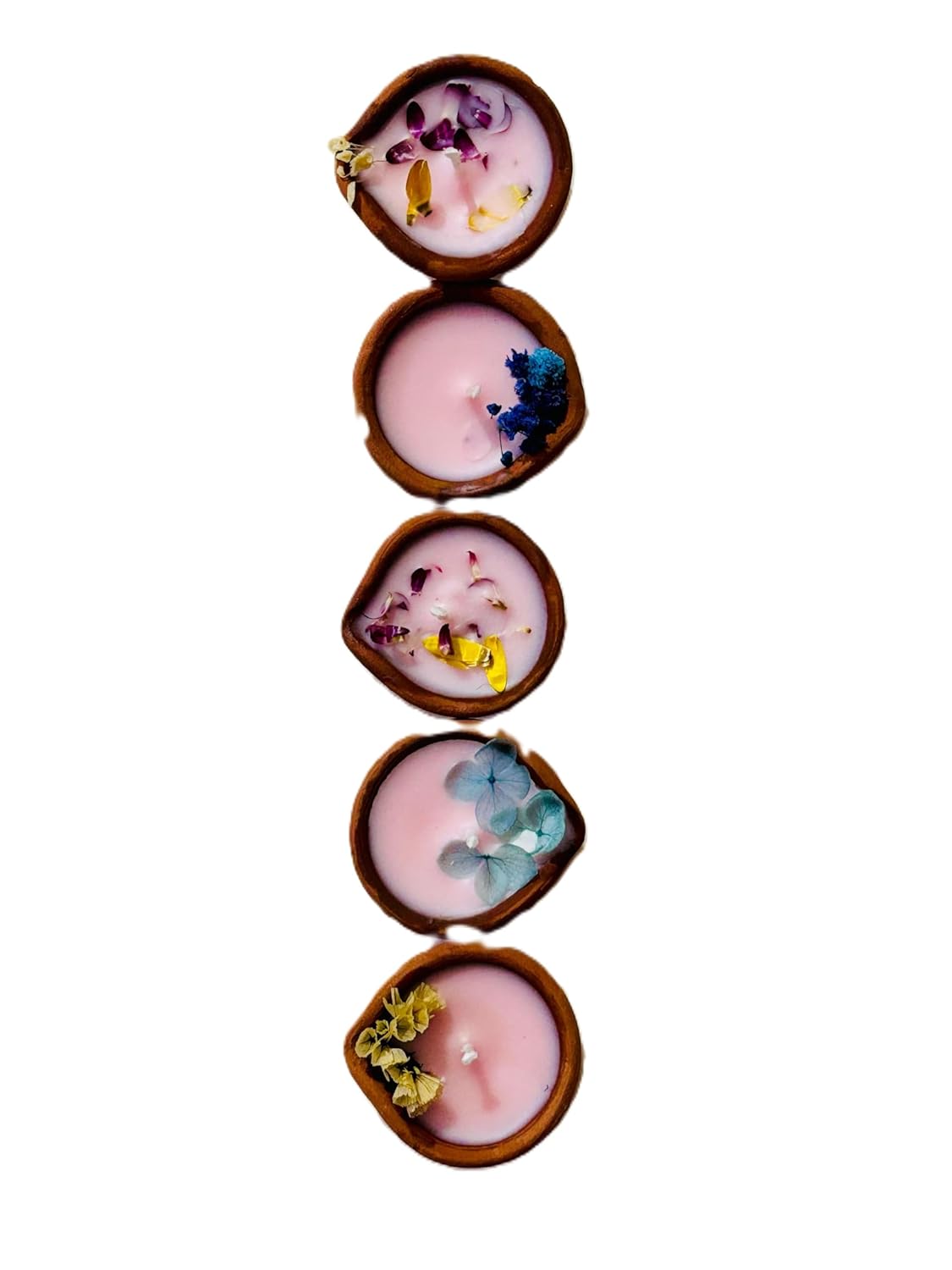 Handmade Scented Diya Candles with Dried Flowers, White Oudh & British Rose Fragrance, Set of 5, Pink Wax in Clay Diyas