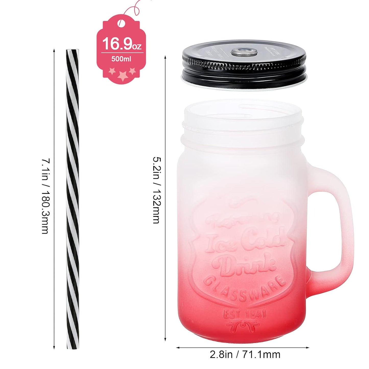 Smoothie Cup with Lid and Straw, Iced Coffee Cup Reusable, Matte Color Mason Jar Cups, Mason Jars with Handle Set of 2 (Matte Red & Blue)