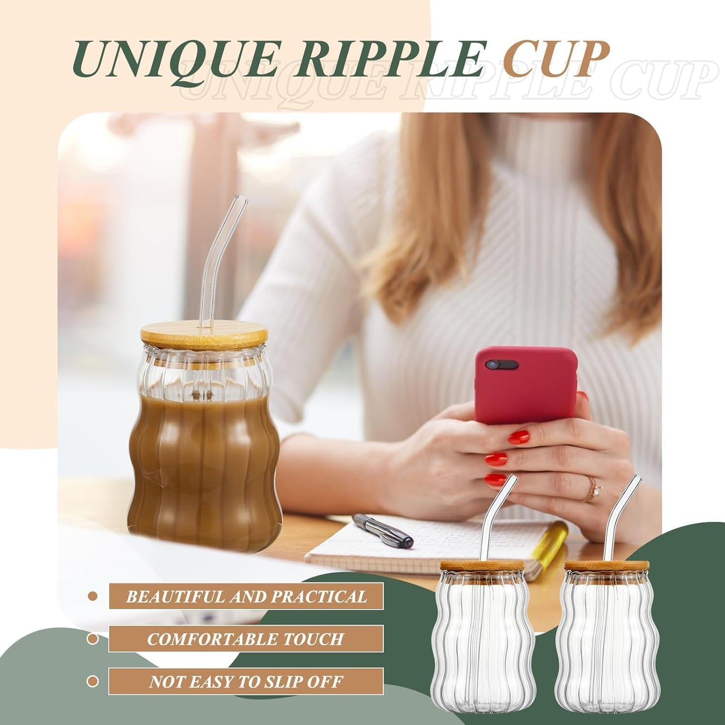 Line Design Glass Mason Jars with Lids for Fruit Juice Milk Beer Soda with Reusable Travel Tumbler Sipper Mug with Airtight Lid - Green Tea and Coffee Cup Glass with Straw