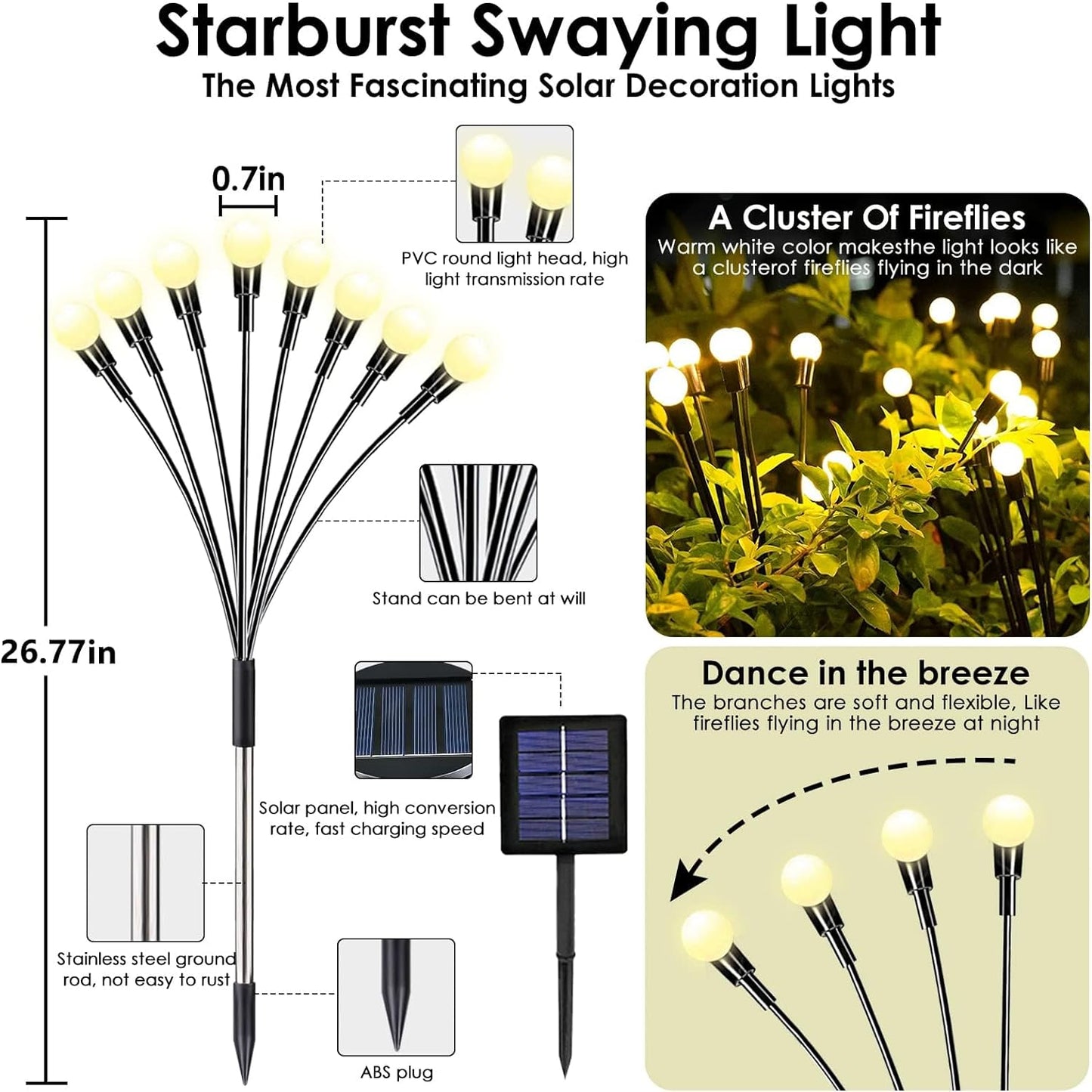 Solar Christmas Lights - Solar Garden Lights Outdoor, Solar Firefly Lights, Sway by Wind, Solar Fairy Lights Outdoor Waterproof for Yard Garden Christmas Decoration(Warm White)