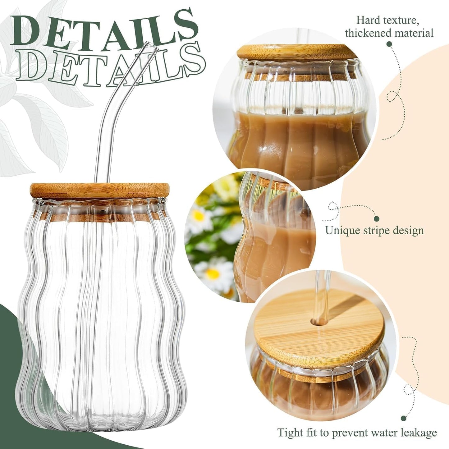 Line Design Glass Mason Jars with Lids for Fruit Juice Milk Beer Soda with Reusable Travel Tumbler Sipper Mug with Airtight Lid - Green Tea and Coffee Cup Glass with Straw