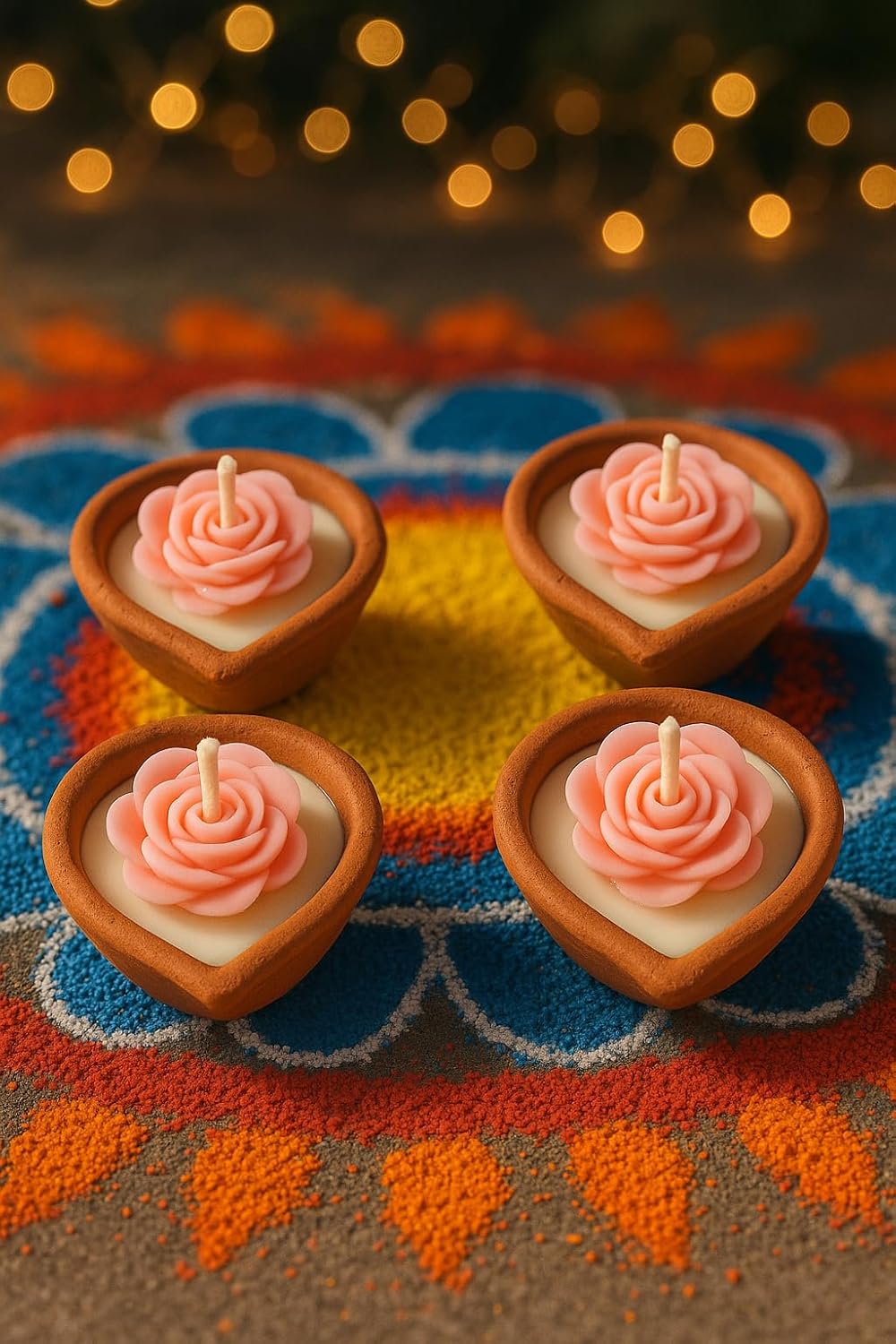Flower Design Wax Diya Candles Set of 4 | Vanilla Fragrance | Handmade Terracotta Mitti Deepak | Reusable Decorative Diyas | Diwali Puja Home Decor | Smokeless No Residue | 2 Hour Burn Time