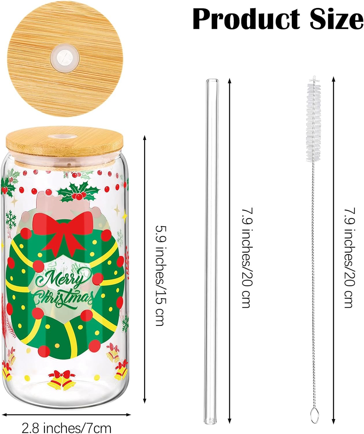 Christmas Mason Jar Cups 16oz Christmas Cups Xmas Glass Tumbler with Glass Straw and Bamboo Lid Christmas Cookie Jars Coffee Cups Beer Glasses Christmas Decoration Gift for Women Men