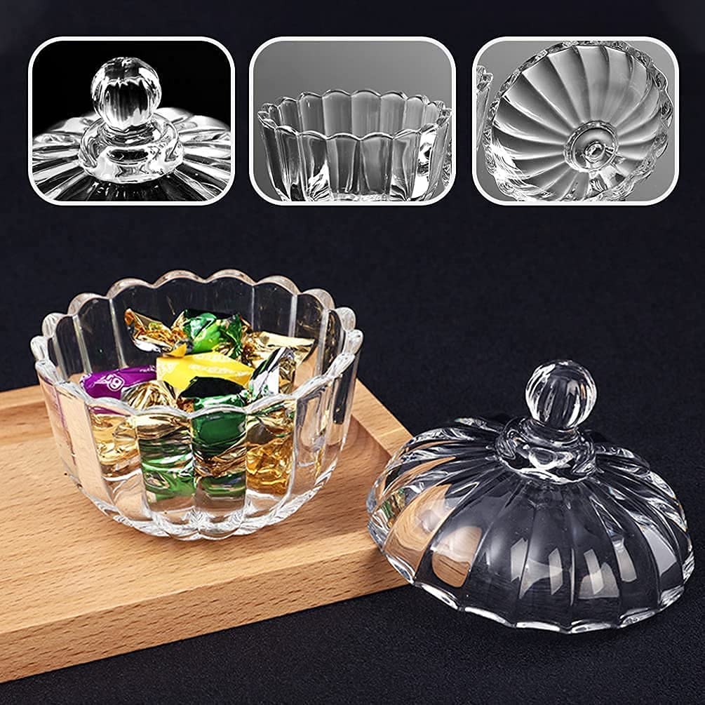 Premium Glass Candy Dish With Lid, Crystal Candy Jar, Cookie Jar, Decorative Candy Bowl, Jewelry Dish, Covered Candy Jars For Buffet, Kitchen, Home, Office Desk (Crystal Candy), 400 Ml