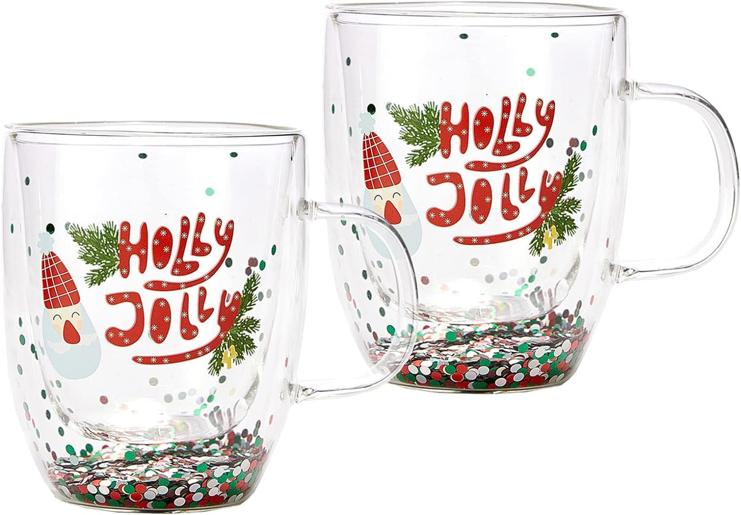 Christmas Glass Coffee Mug Set of 2 Mugs - Holly Jolly Tree Double Wall Insulated Cups Holidays 10oz Glassware Handle Gifts, Confetti Snowflake Glassware Tea, Milk, Beverage, Juice, Water Holiday Gift