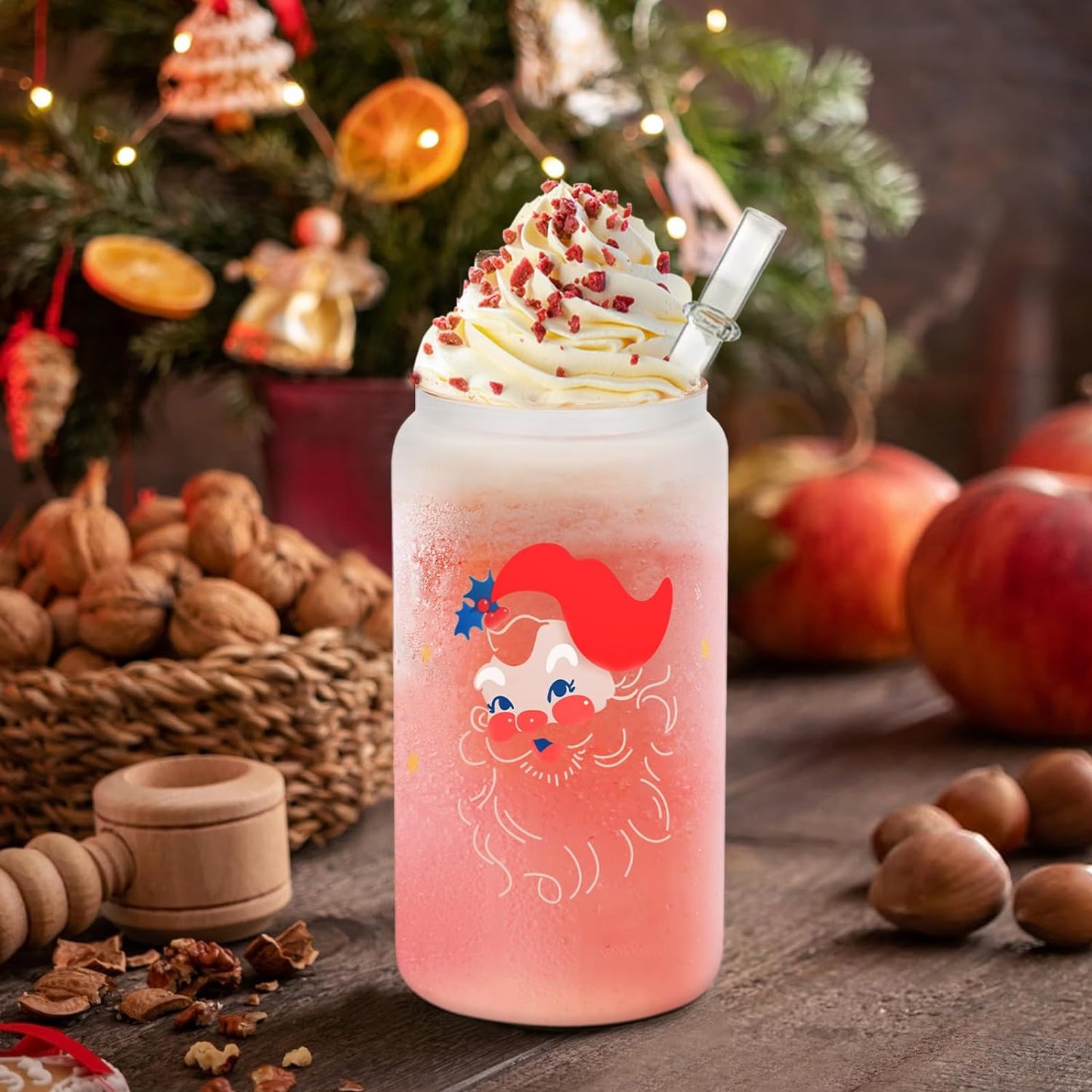 Christmas Tumbler Glass 16 oz Glass Cups with Lids and Straws Can Shaped Ice Coffee Cups Mugs Mason Jars Water Jar for Women Kid Men Christmas Gifts (Santa Claus)