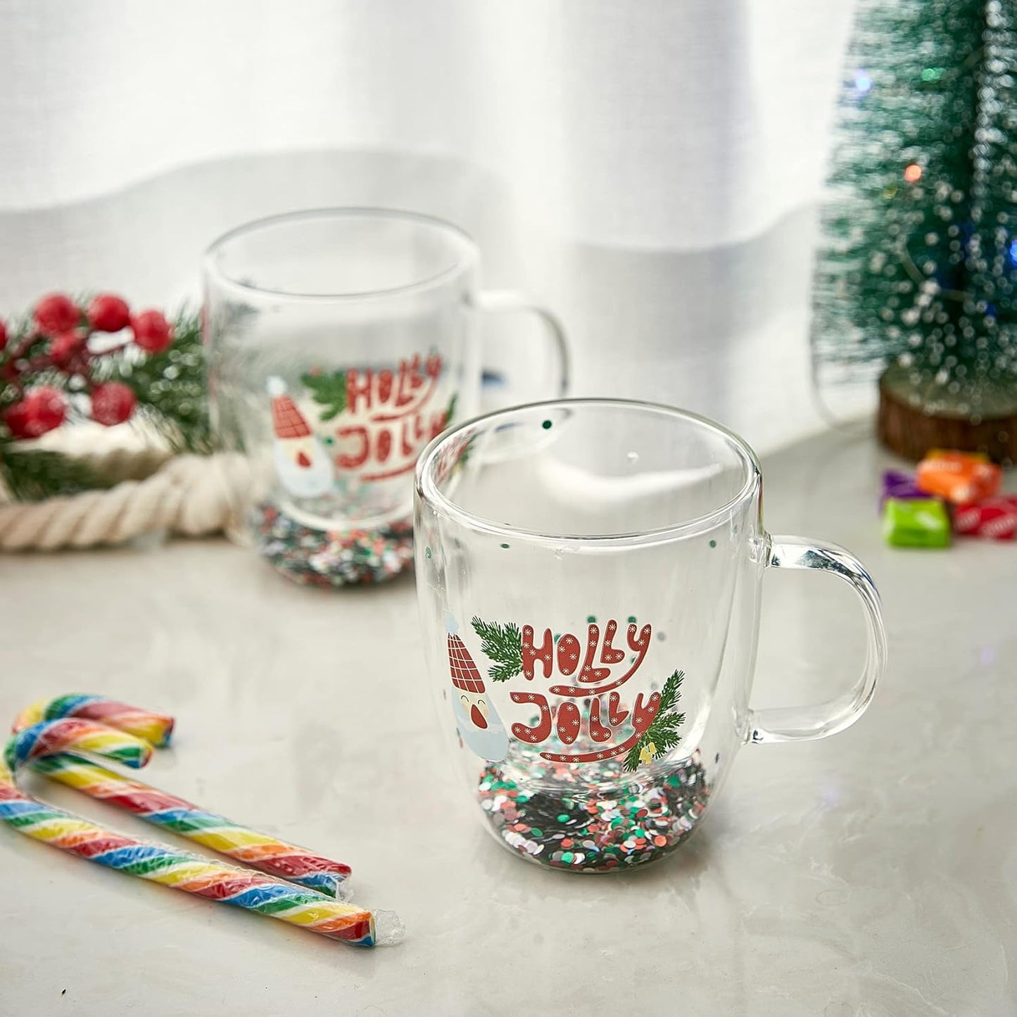 Christmas Glass Coffee Mug Set of 2 Mugs - Holly Jolly Tree Double Wall Insulated Cups Holidays 10oz Glassware Handle Gifts, Confetti Snowflake Glassware Tea, Milk, Beverage, Juice, Water Holiday Gift