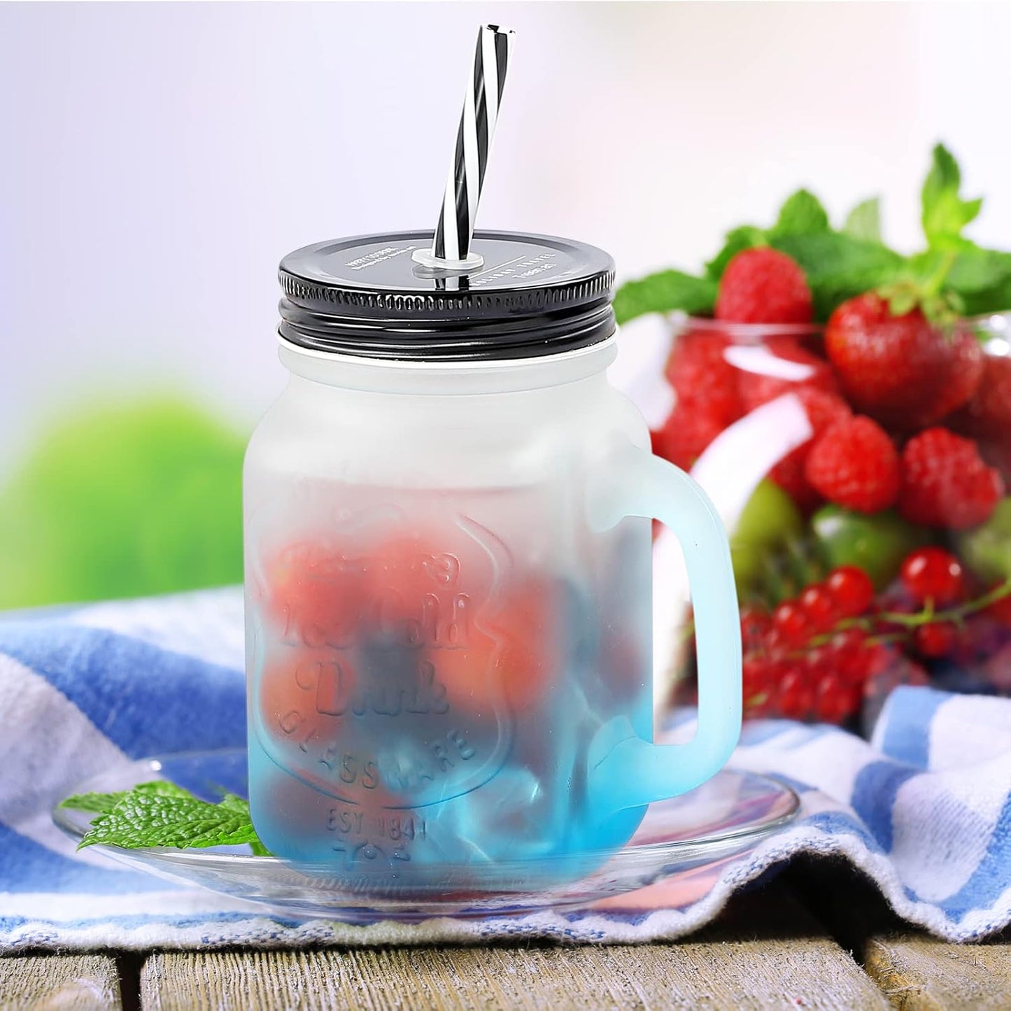 Smoothie Cup with Lid and Straw, Iced Coffee Cup Reusable, Matte Color Mason Jar Cups, Mason Jars with Handle Set of 2 (Matte Red & Blue)