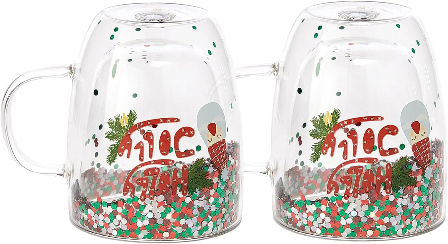 Christmas Glass Coffee Mug Set of 2 Mugs - Holly Jolly Tree Double Wall Insulated Cups Holidays 10oz Glassware Handle Gifts, Confetti Snowflake Glassware Tea, Milk, Beverage, Juice, Water Holiday Gift