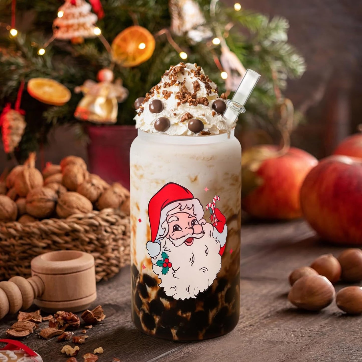 Christmas Drinking Glasses with Lids and Straws 16 oz Xmas Glass Cups Mugs Tumbler Glass Can Shaped Ice Coffee Cups Mason Jars for Women Kid Men Christmas Gifts (Santa Claus)