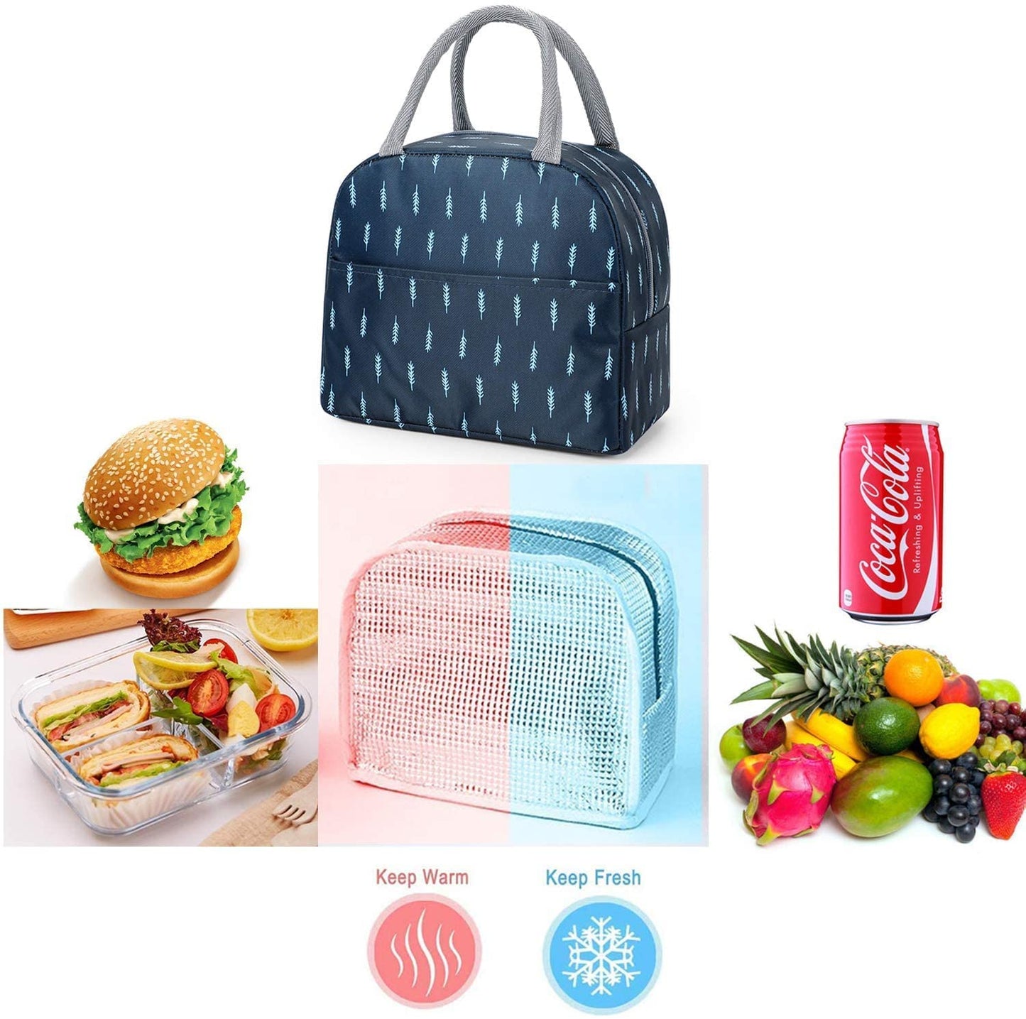 Insulated Lunch Bags Small for Women Work, Student, Kids to School, Thermal Cooler Tote Bag, Picnic Organizer Storage Lunch Box Portable and Reusable (Navy Leaf)