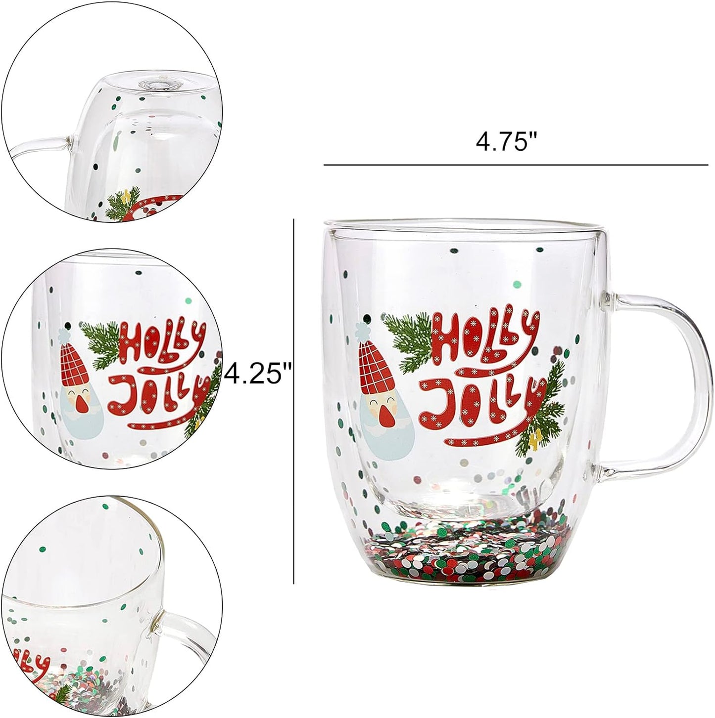 Christmas Glass Coffee Mug Set of 2 Mugs - Holly Jolly Tree Double Wall Insulated Cups Holidays 10oz Glassware Handle Gifts, Confetti Snowflake Glassware Tea, Milk, Beverage, Juice, Water Holiday Gift