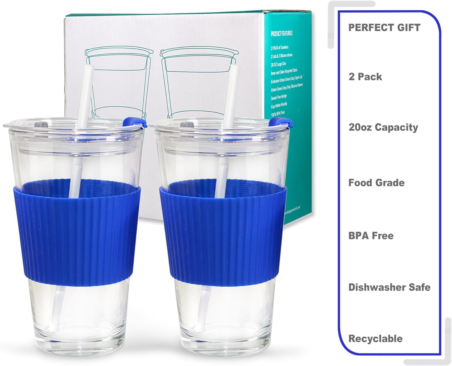 Glass Tumbler Cups with Lids and Straws, 2 Pack of 750ml, White, Drinking Glasses with Lids & Straw, Beer Glasses, Iced Coffee Glass, Wide Mouth Smoothie Cups, Glass Water Bottles.