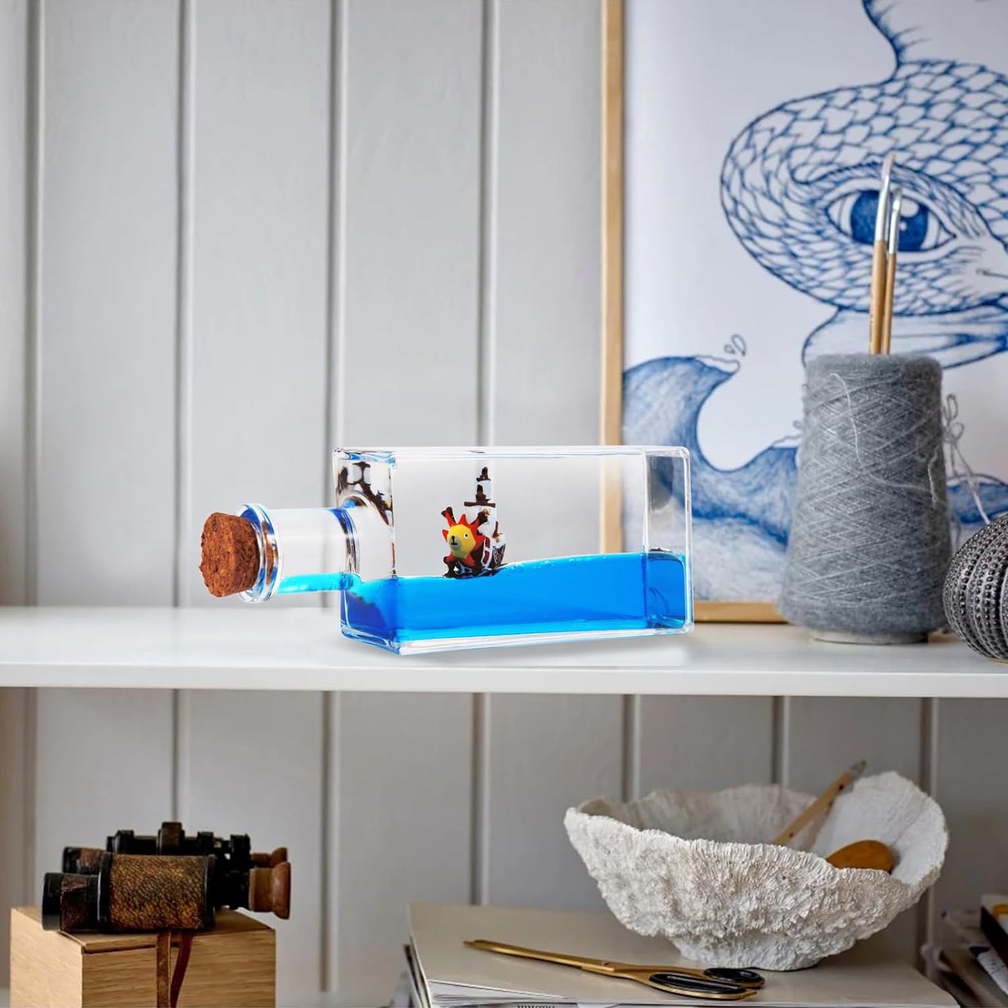 Unsinkable Thousand Sunny Pirate Ship in a Bottle - Thousand Sunny Drift Bottle Liquid Wave Pirate Ship Decor, Unsinkable Boat in a Box is Suitable for Desk Decor Display Cases and Gifts.