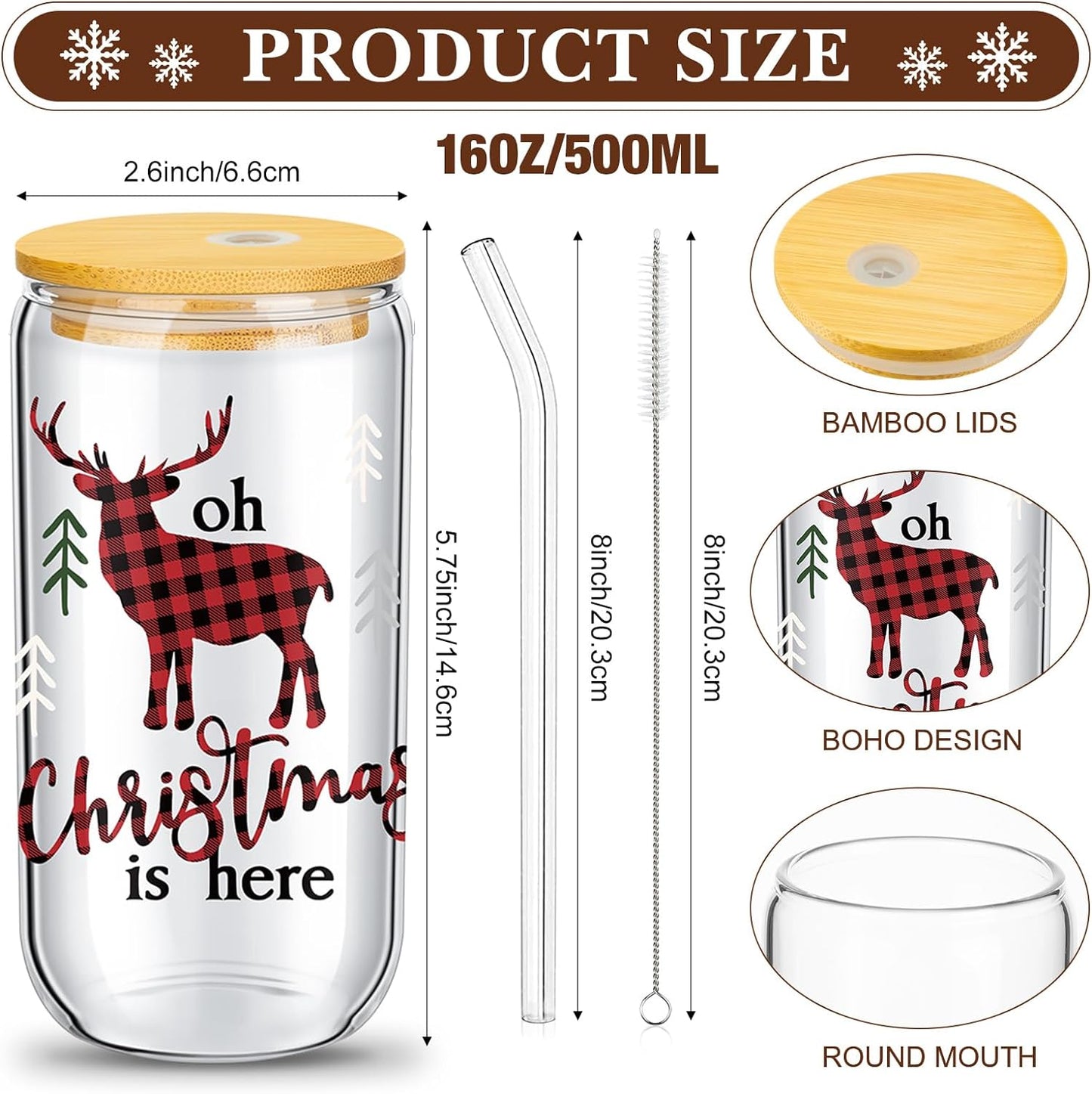 Christmas Glass Cups, 16 oz Christmas Mason Jars with Lids and Straws Christmas Tumbler Drinking Glasses Beer Can Shaped Coffee Cups Xmas Pattern for Wine Tea Water (Cute Style)